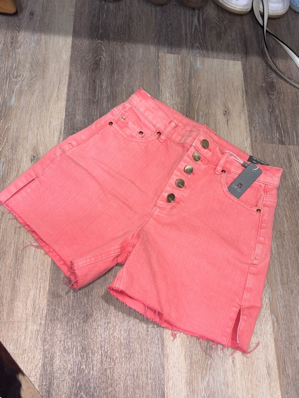 Tractr Coral Button-Front High Rise Denim Shorts with gold accents